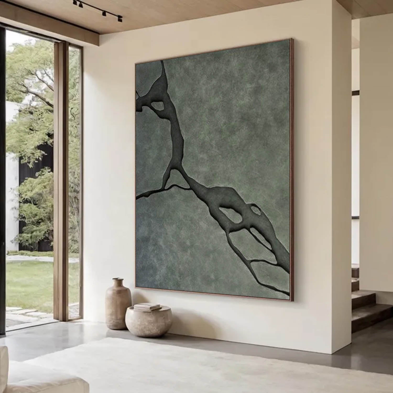 Modern Olive Green 3D Wood Wall Art Minimalist Wood Carving Wall Decor
