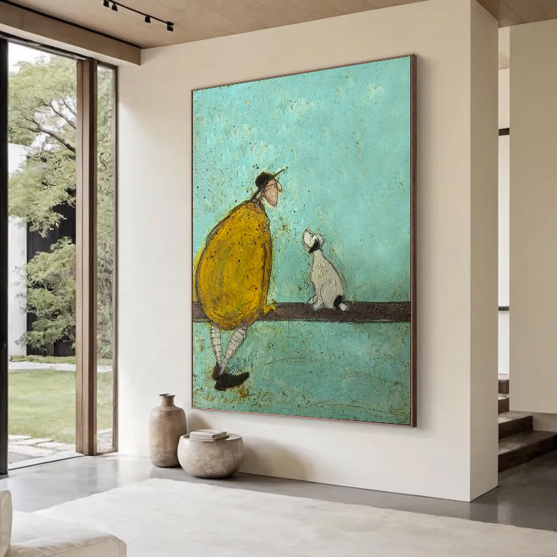 Whimsical Man and Loyal Dog Canvas Wall Art - Modern Minimalist Palette Knife Oil Painting for Living Room