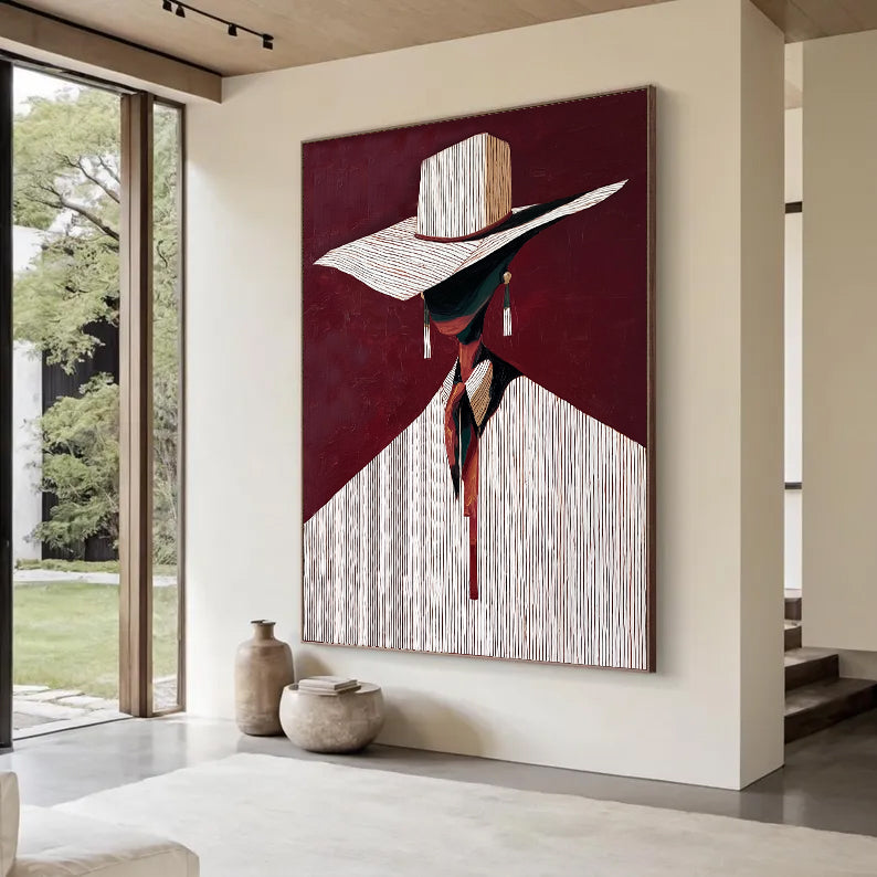 Minimalist Figure Painting Burgundy background Abstract Portrait Painting