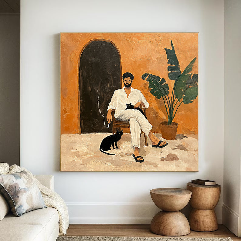 Minimalist Portrait with Black Cat - Wabi-Sabi Art Decor, Textured Earthy Tones