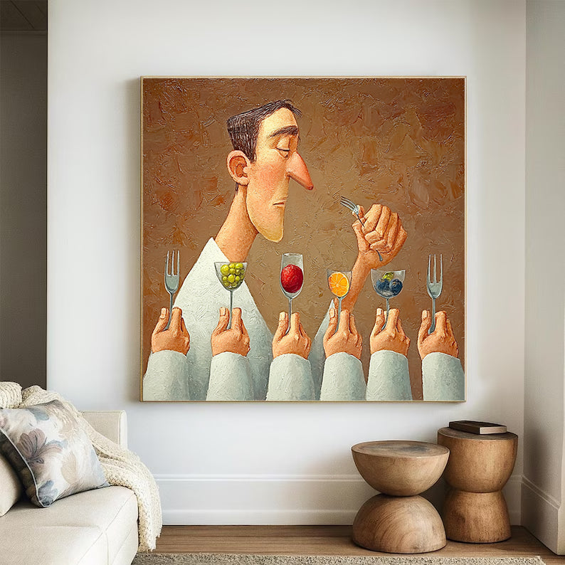 Humorous Kitchen Wall Painting, Modern Dining Room Art , Large Wall Decor for Foodie Gift.