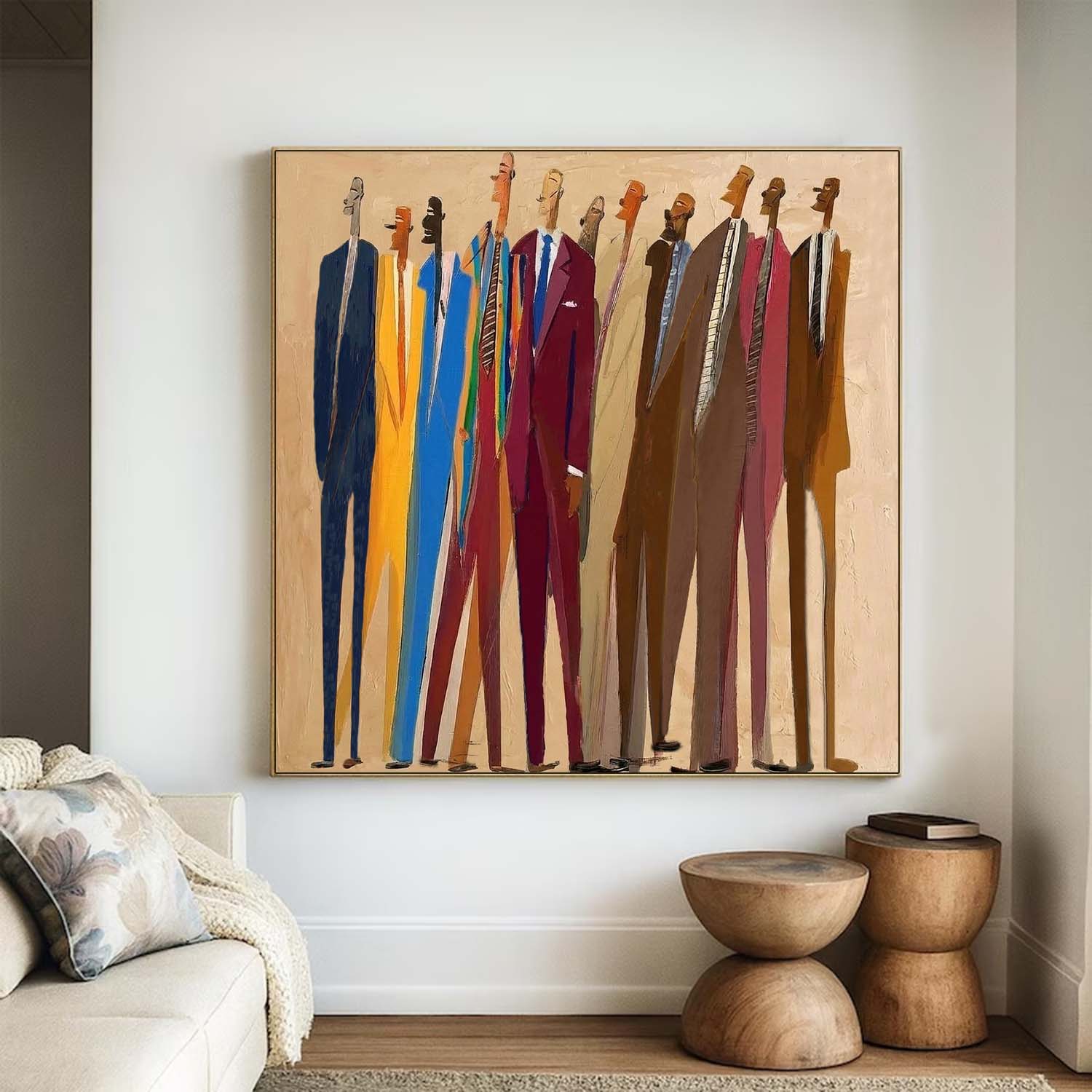 Abstract Portrait Painting -Hand-Painted Figures in Suits for Office & Living Room Decor