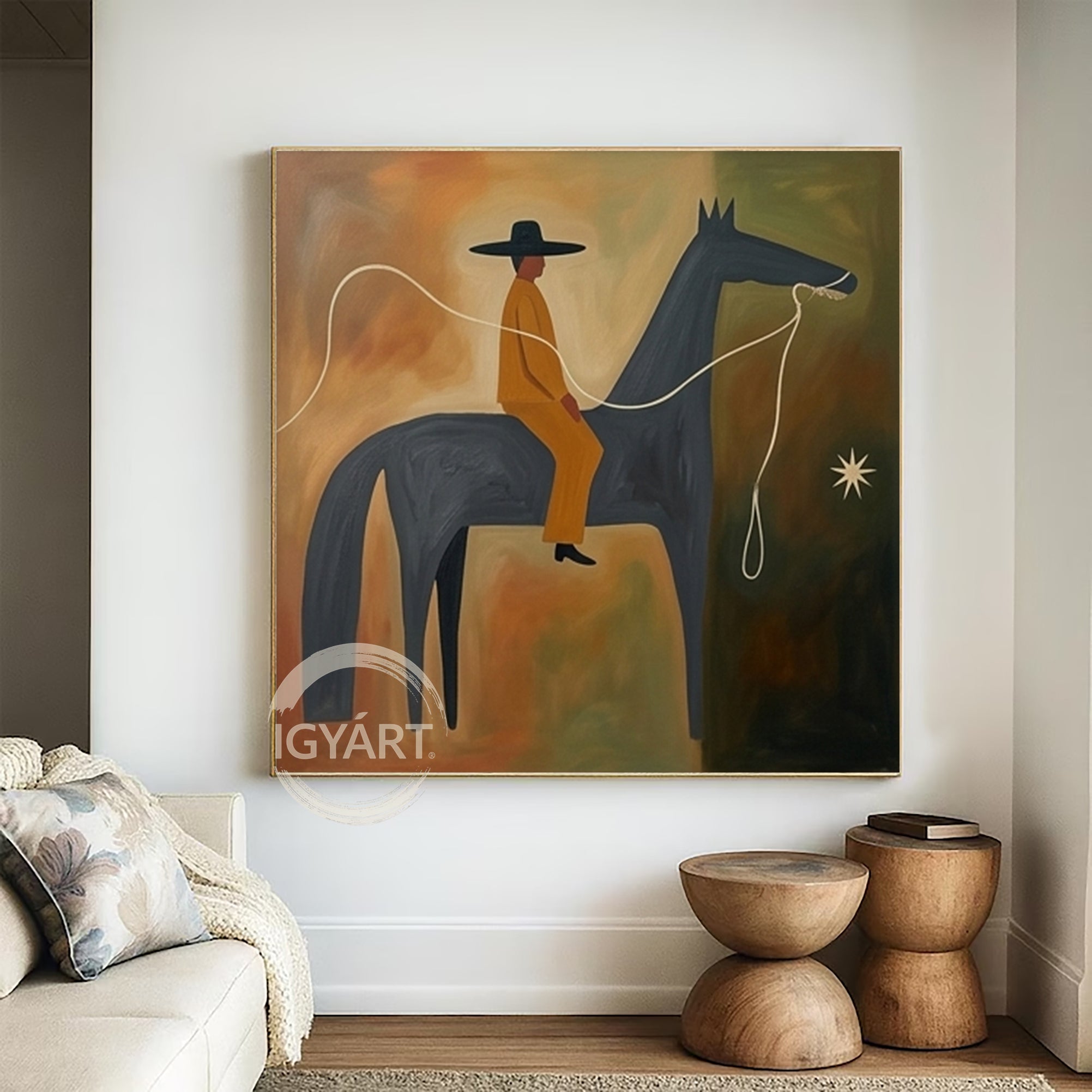 Earth Tone Modern Folk Art Horse Rider Oil Painting Mid-century Modern Art