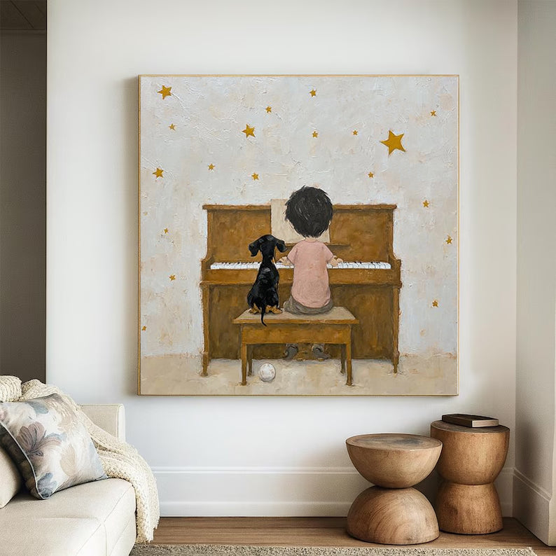 Minimalist Portrait with Black Cat - Wabi-Sabi Art Decor, Textured Earthy Tones