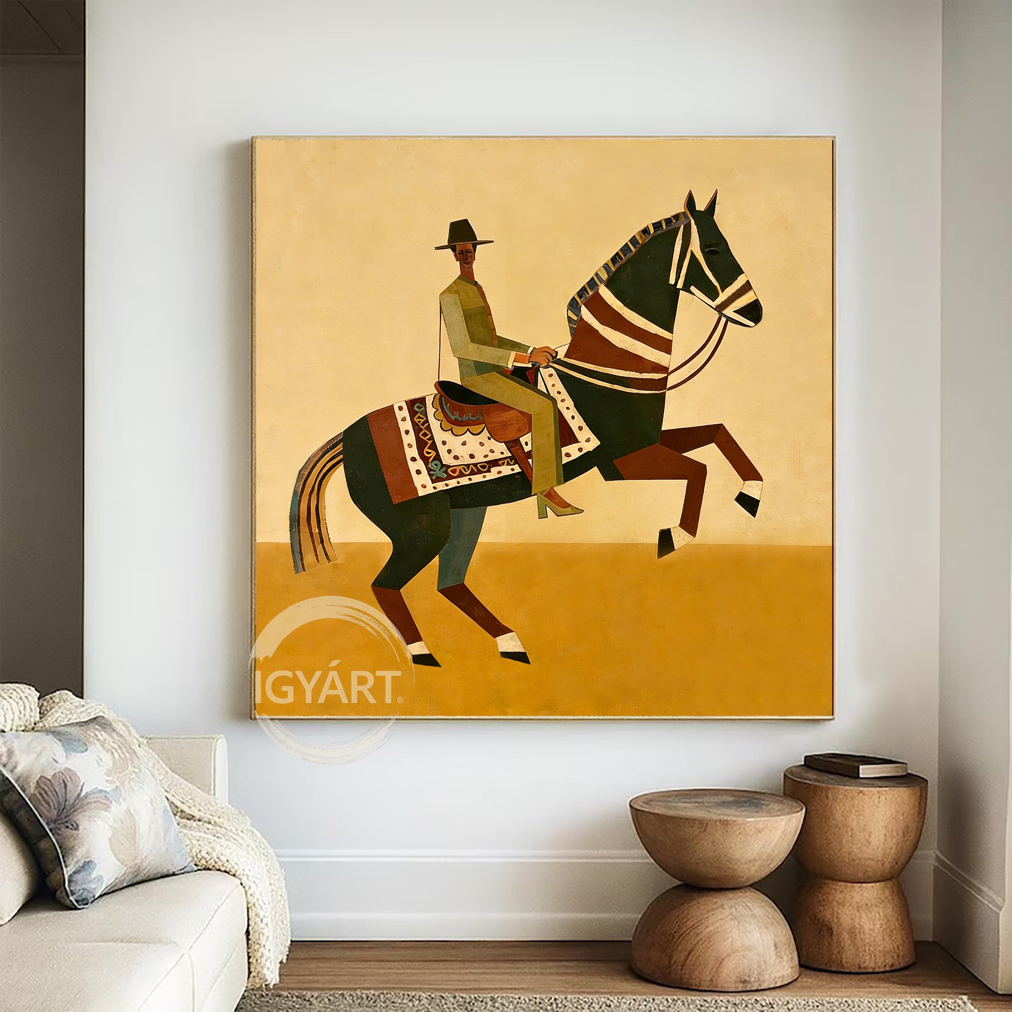 Modern folk art painting of a rider on a geometric horse with a yellow background