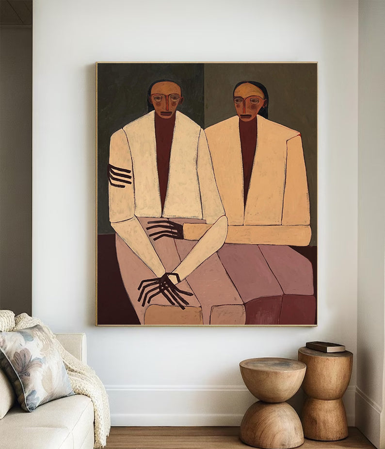 Double Portraits art Boho figurative art Neutral Beige Above sofa art