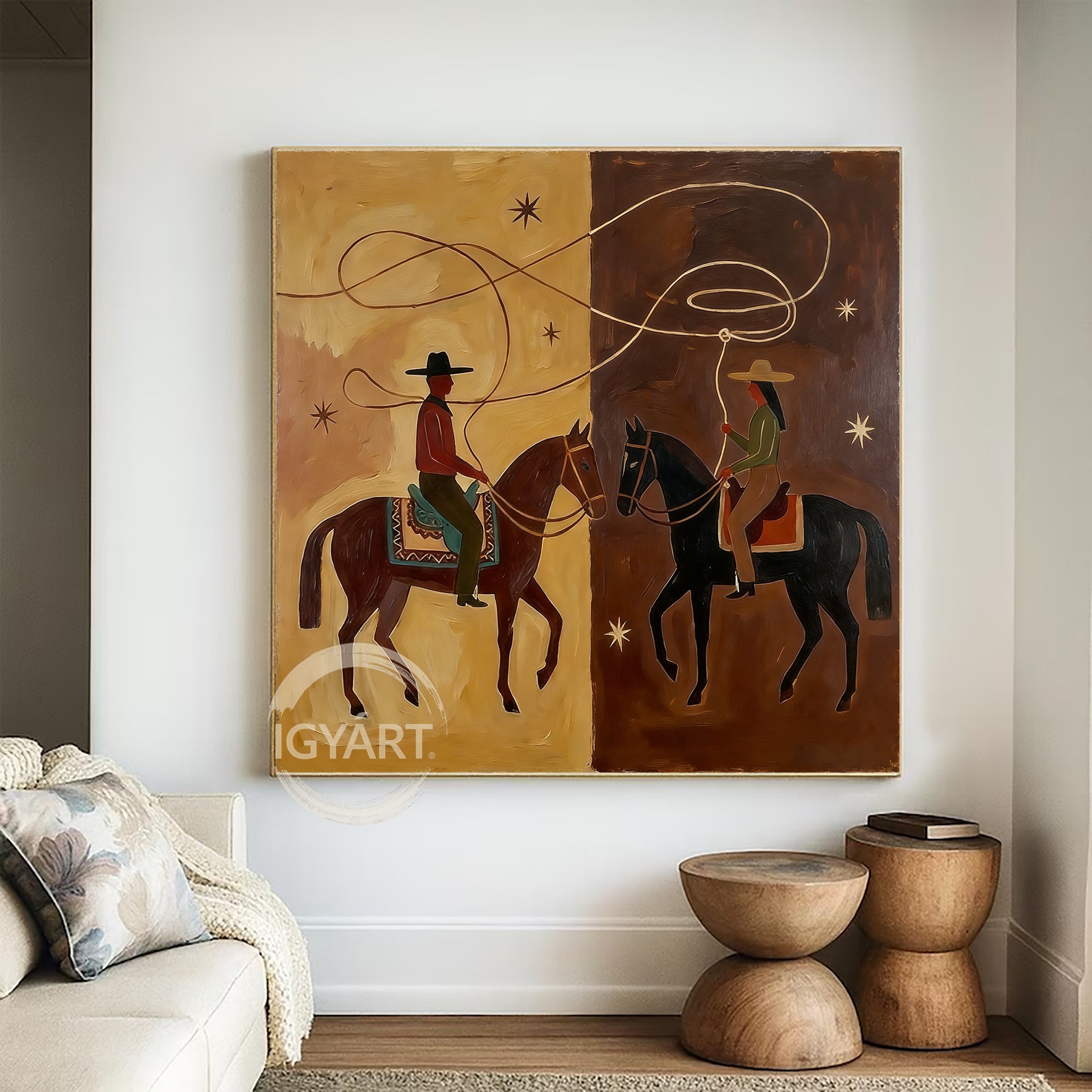 Minimalist Western oil art featuring two riders with a swirling lasso forming a heart-like loop, earthy tones, modern desert night theme.