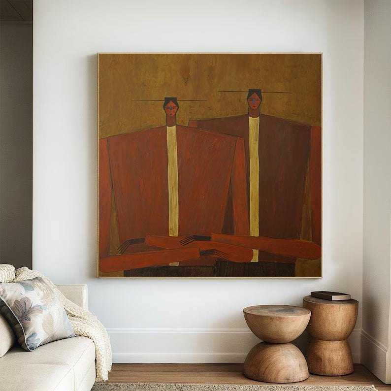 Earth-Toned Abstract Figurative Painting - Modern Folk Art Style Decor