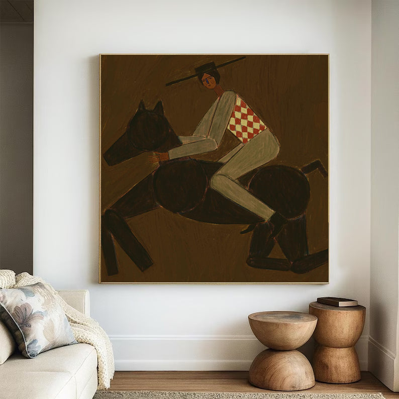 Modern Folk Art Equestrian Wall Art Decor Boho Horse Rider Painting