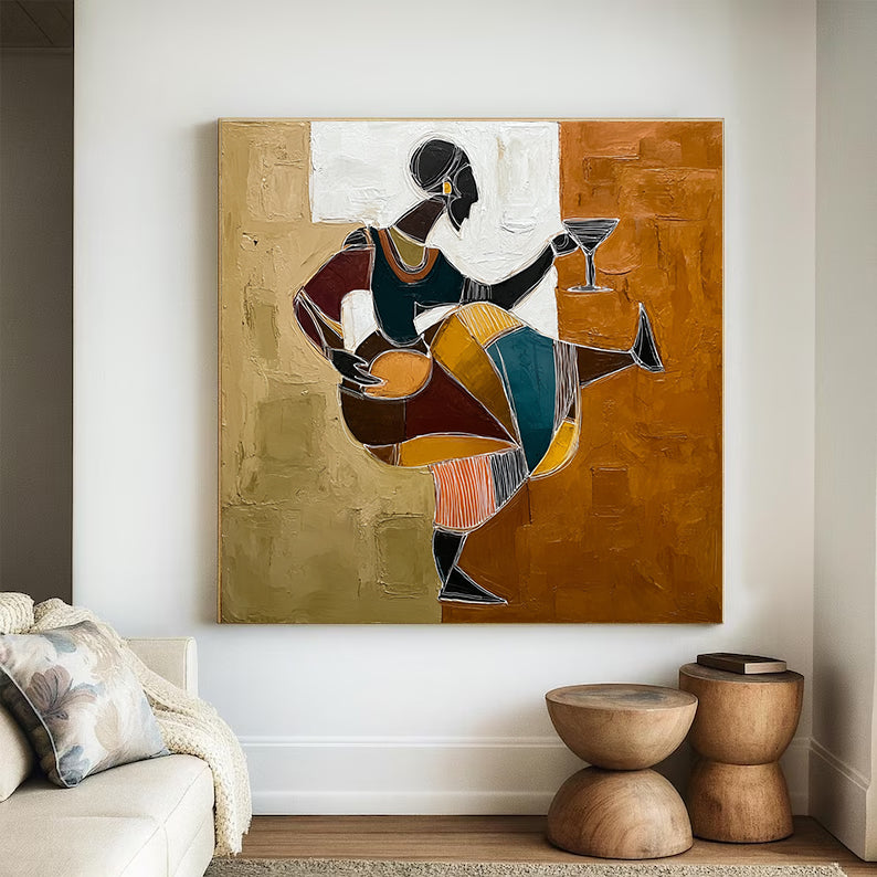 Hand-Painted Tribal Woman with Wine Glass | Modern Geometric Wall Art