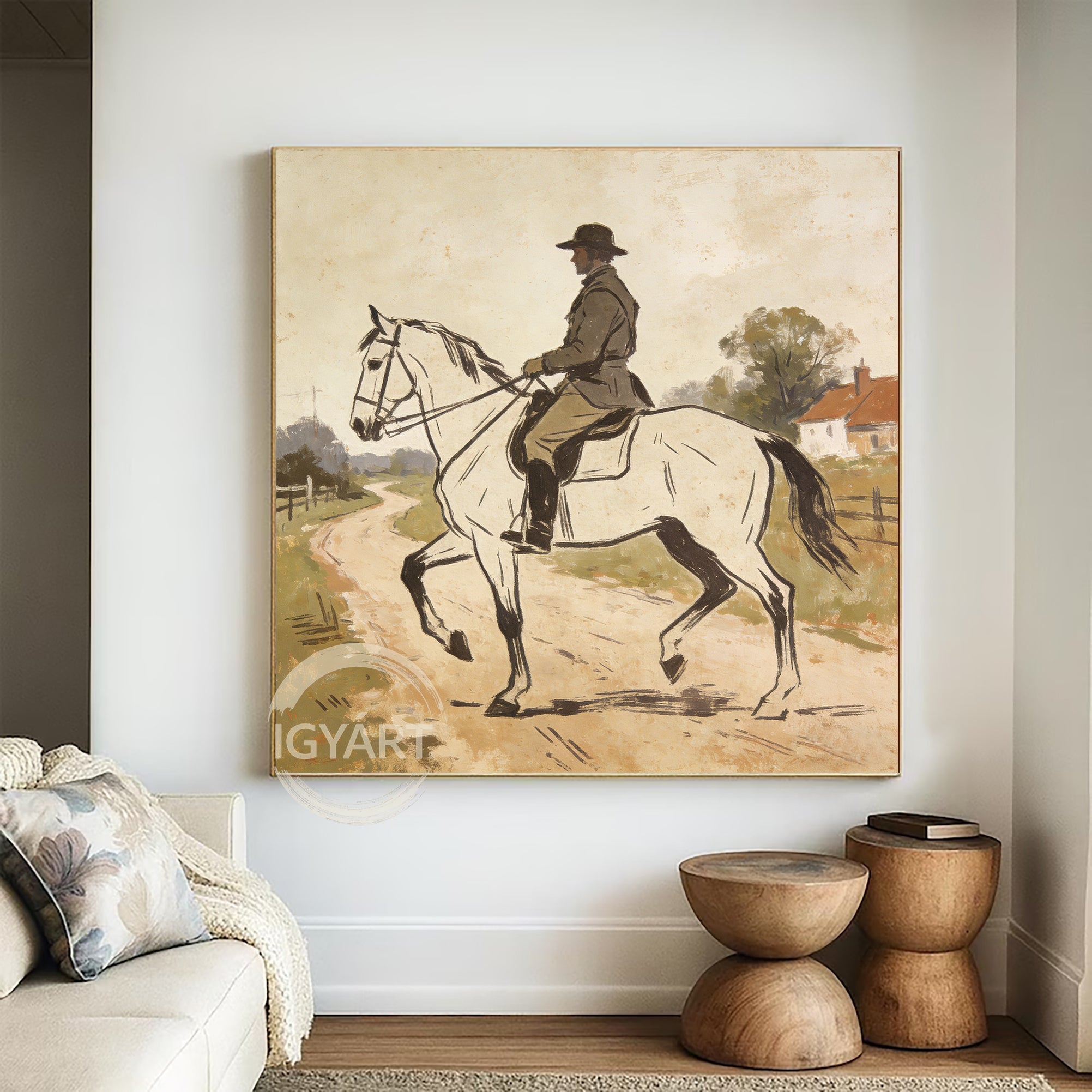 Rustic Farmhouse Wall Art - Hand-painted Impressionist Horse & Rider