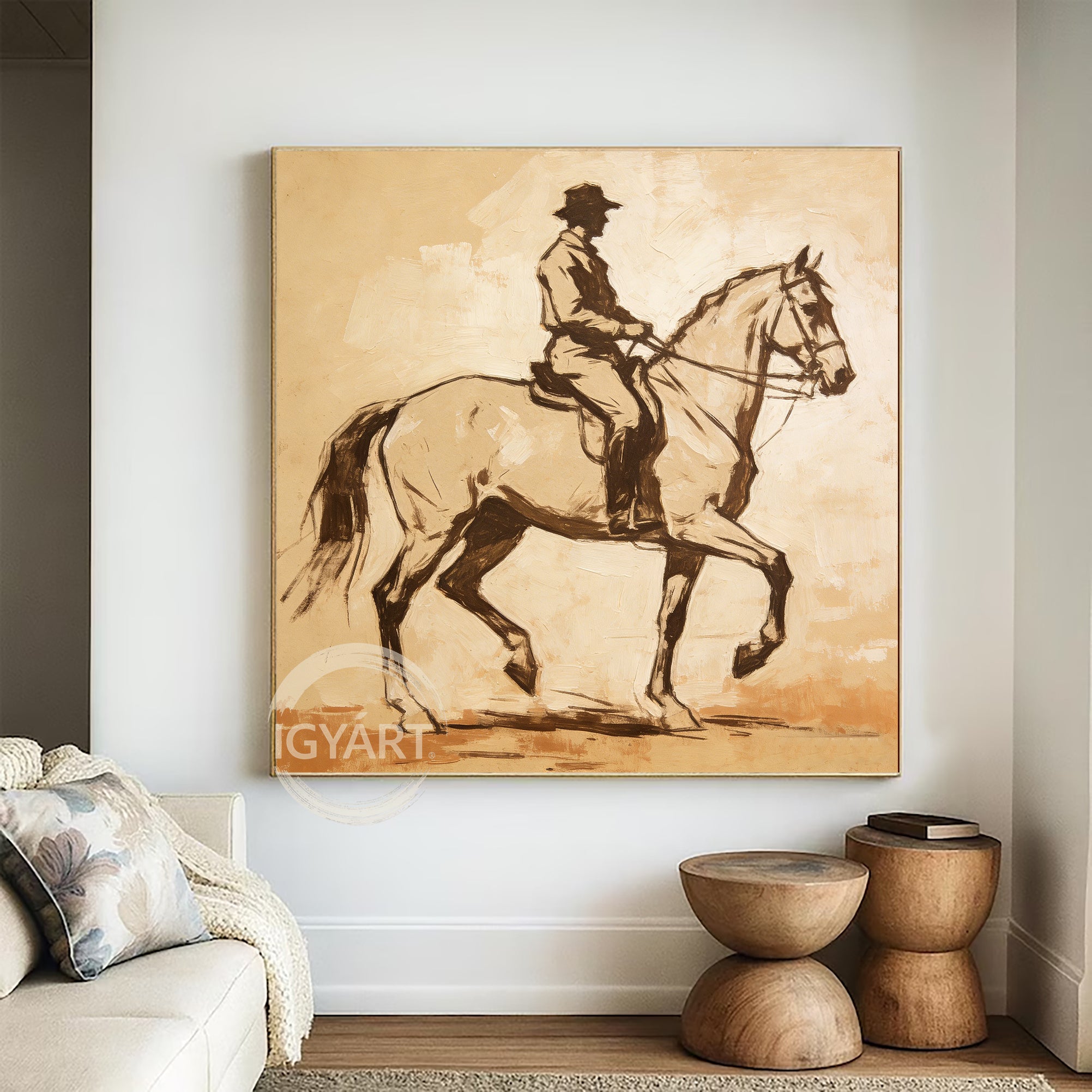 Vintage Style Equestrian Painting - Hand-painted Impressionist Horse & Rider