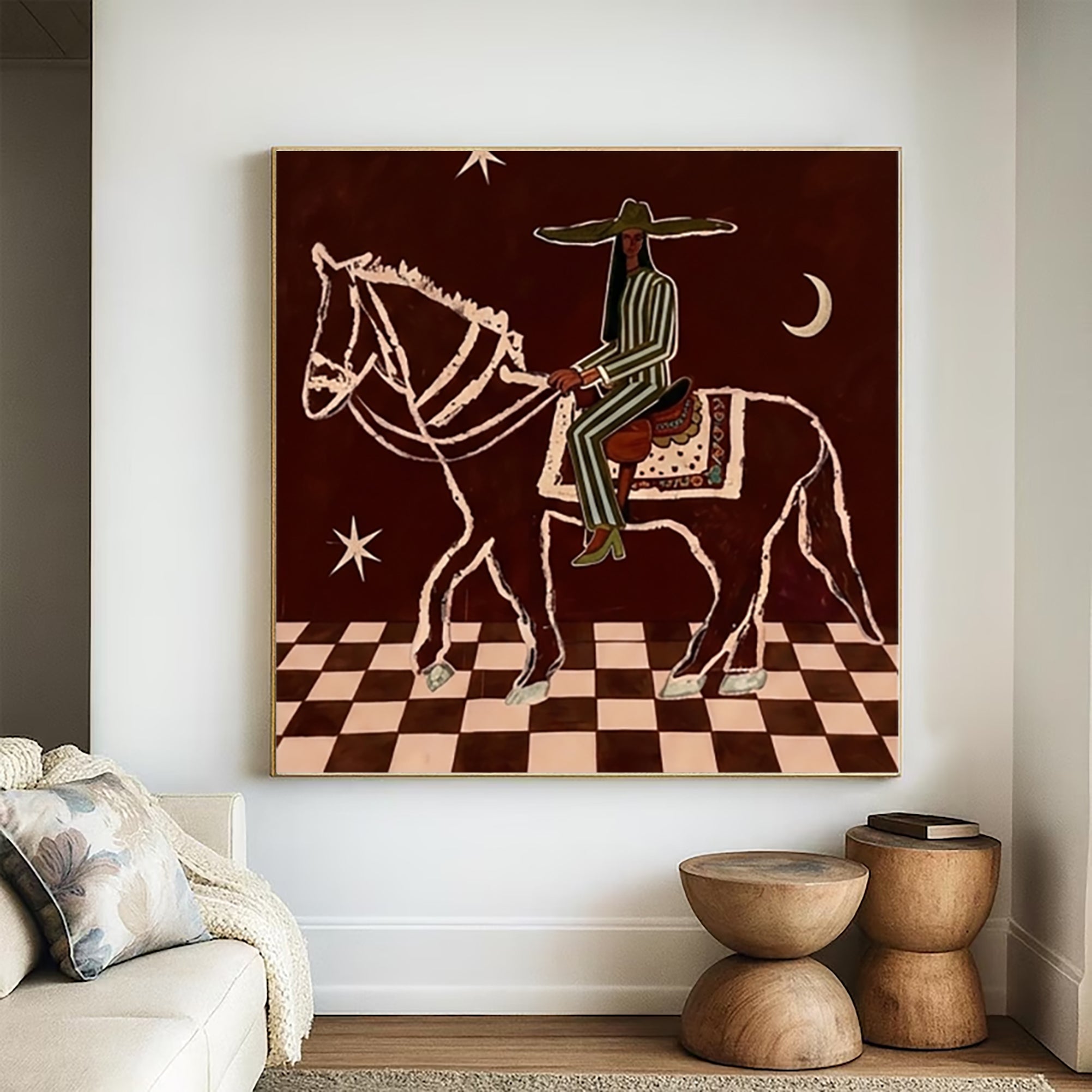 Earthy Tones Vintage Western Rider Wall Art Mid Century Modern Horse Painting