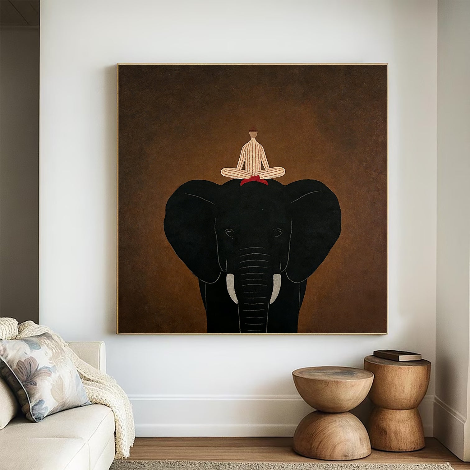Large Elephant Painting on Canvas.Minimalist Animal Portrait Wall Art