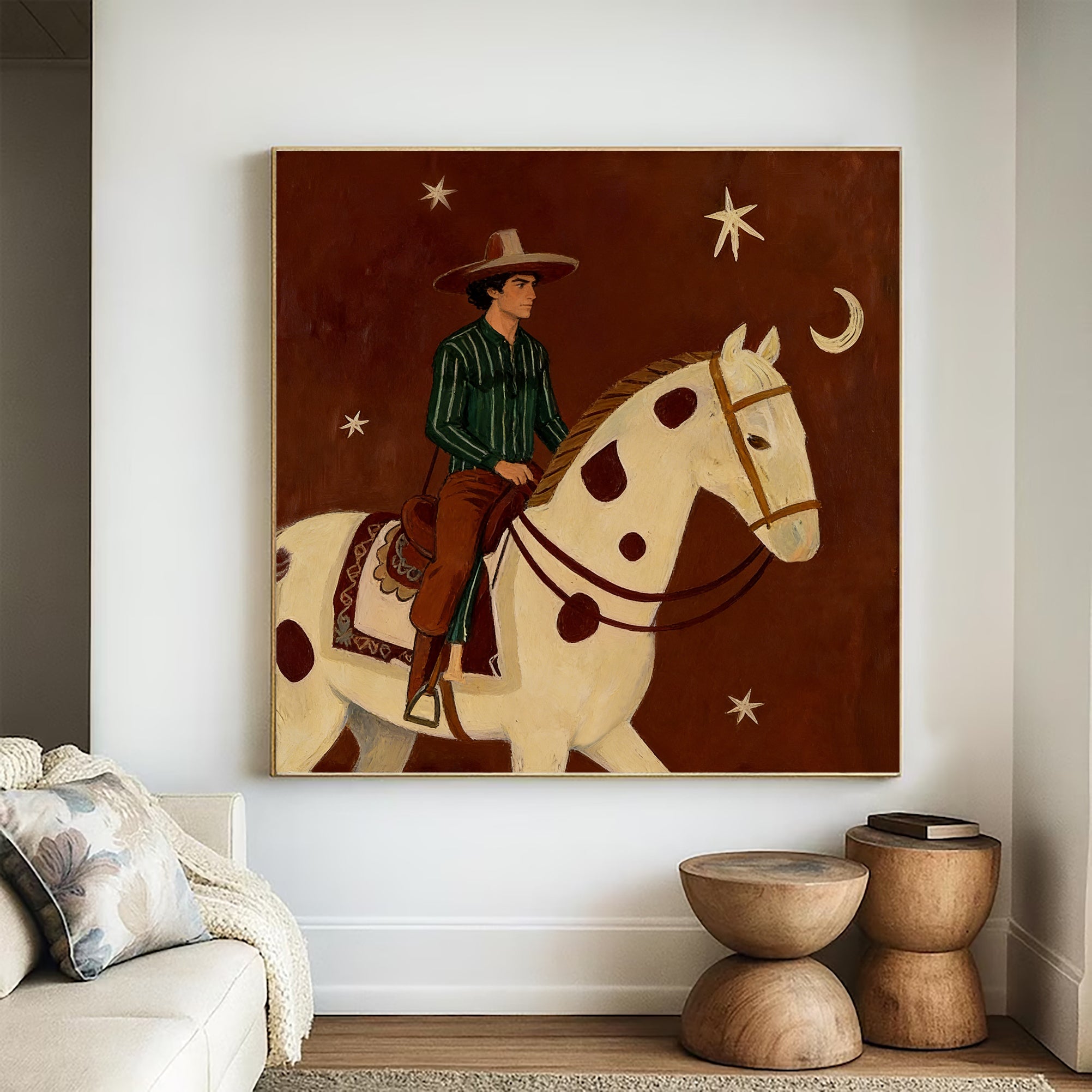 Man and Horse Art Equestrian Painting Mid Century Modern Horse Painting