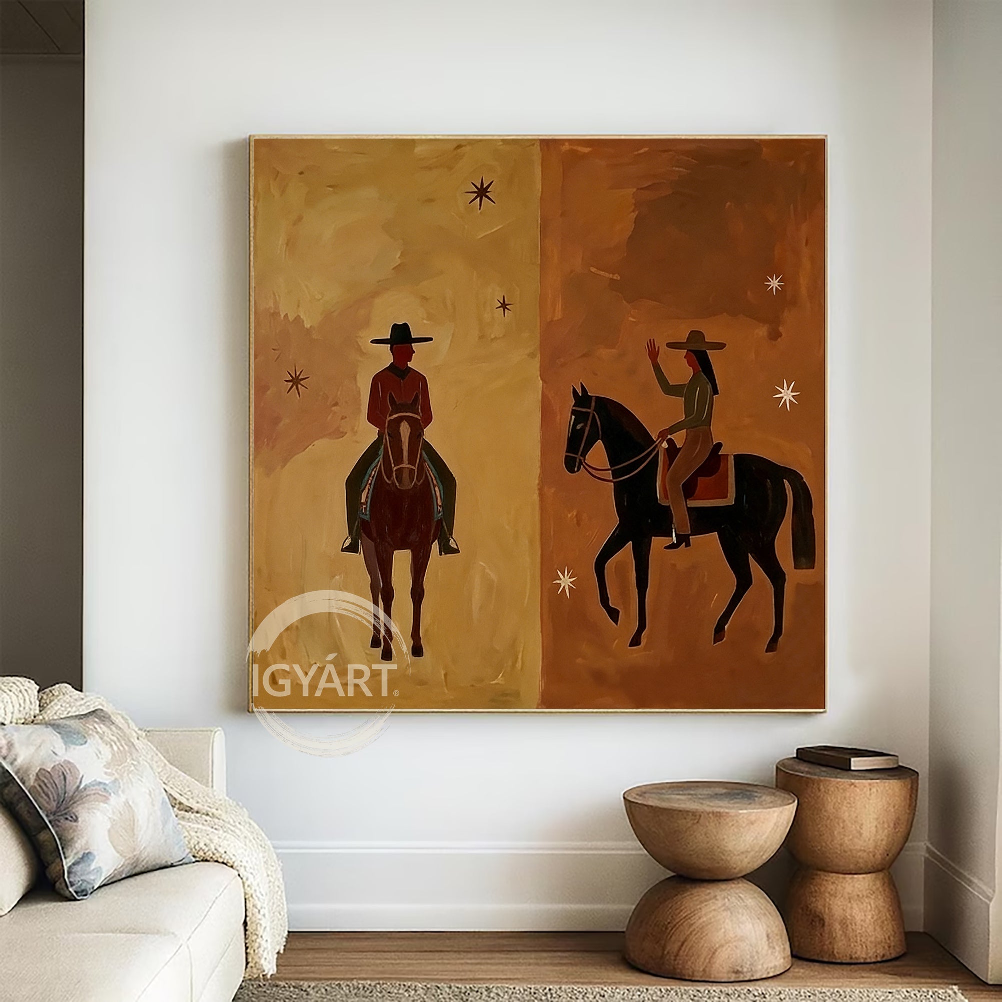Hand-painted oil painting of a cowboy and cowgirl facing each other on horseback, split background in tan and brown with minimalist stars, Southwestern modern art style.