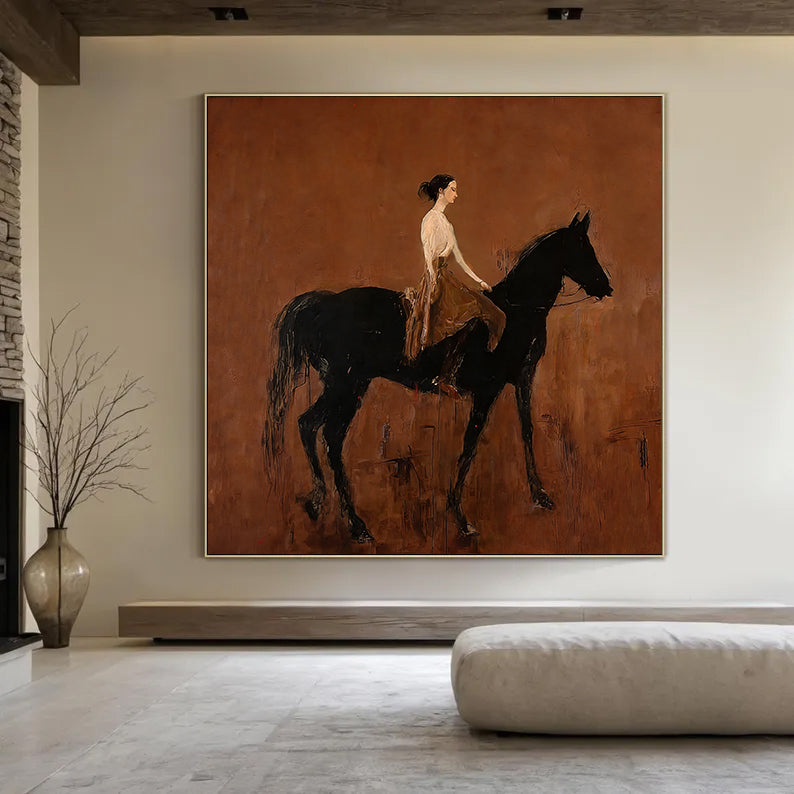 Black Horse Painting Modern Folk Art Person Riding Horse Wall Decor