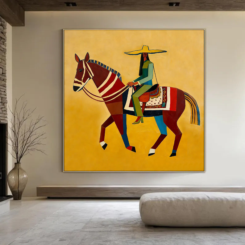Modern Folk Art Horse Painting Abstract Horse Rider Wall Painting