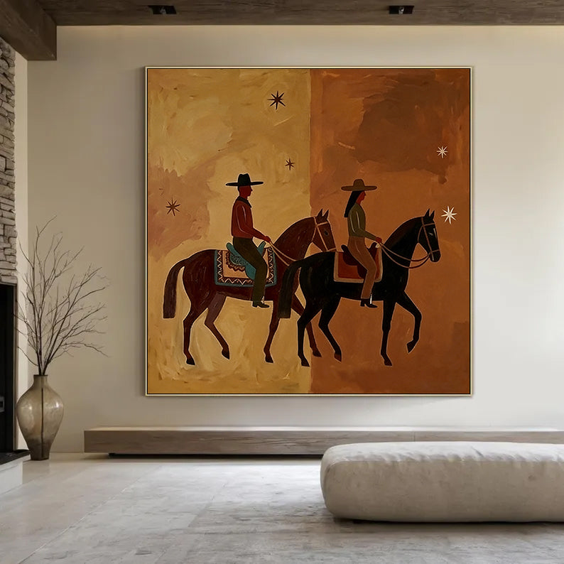 Western wall art of a man and woman riding horses side-by-side under stars, mid-century modern aesthetic, brown and beige split-tone background.