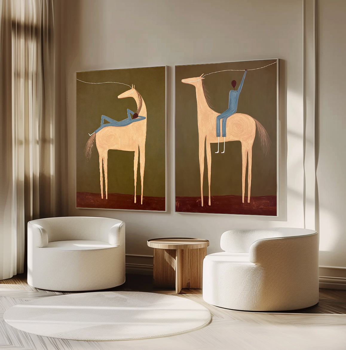 Set of 2 Equestrian Art Decor Earth Tone Minimalist Horse and Man Painting