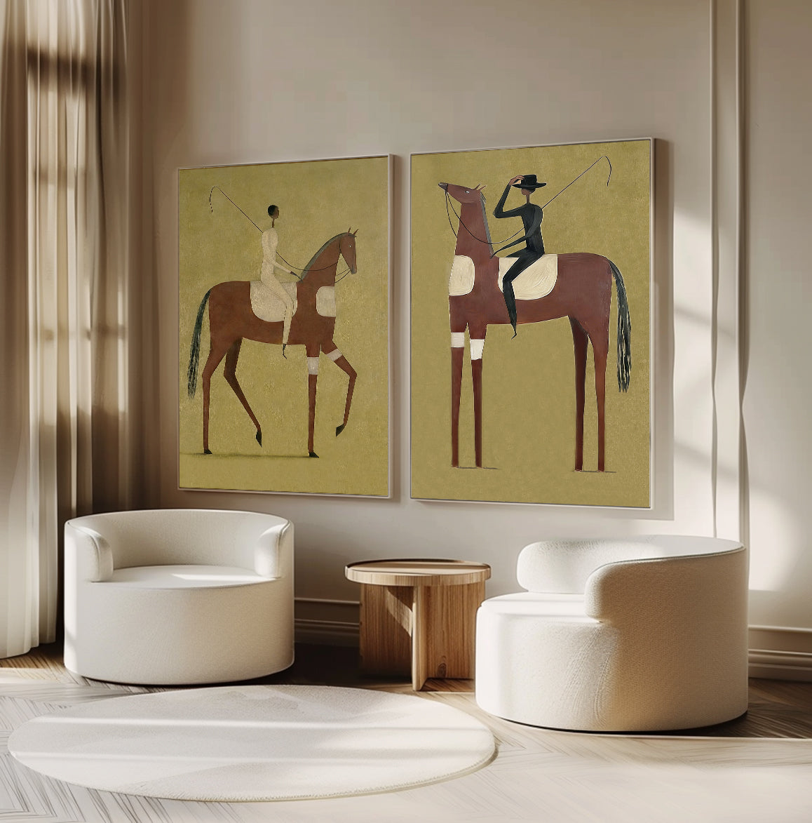 Set of 2 Equestrian Art Decor Minimalist Horse and Man Painting