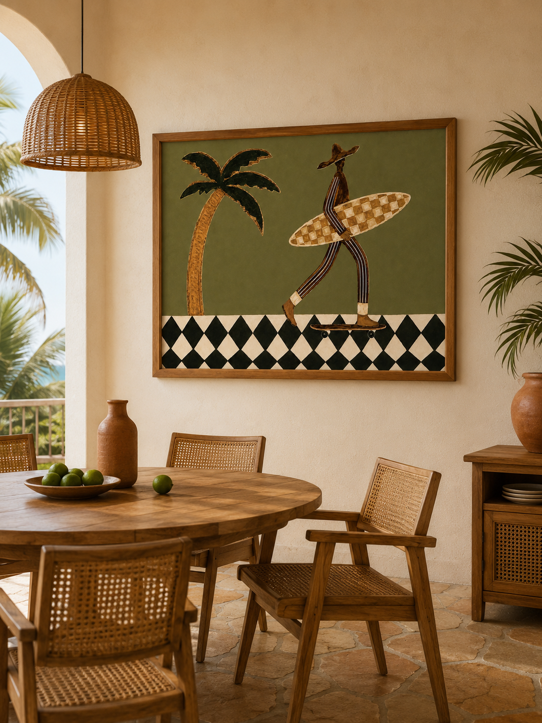 Retro Surf Art Print With Palm Tree And Checkerboard Pattern For Modern Home