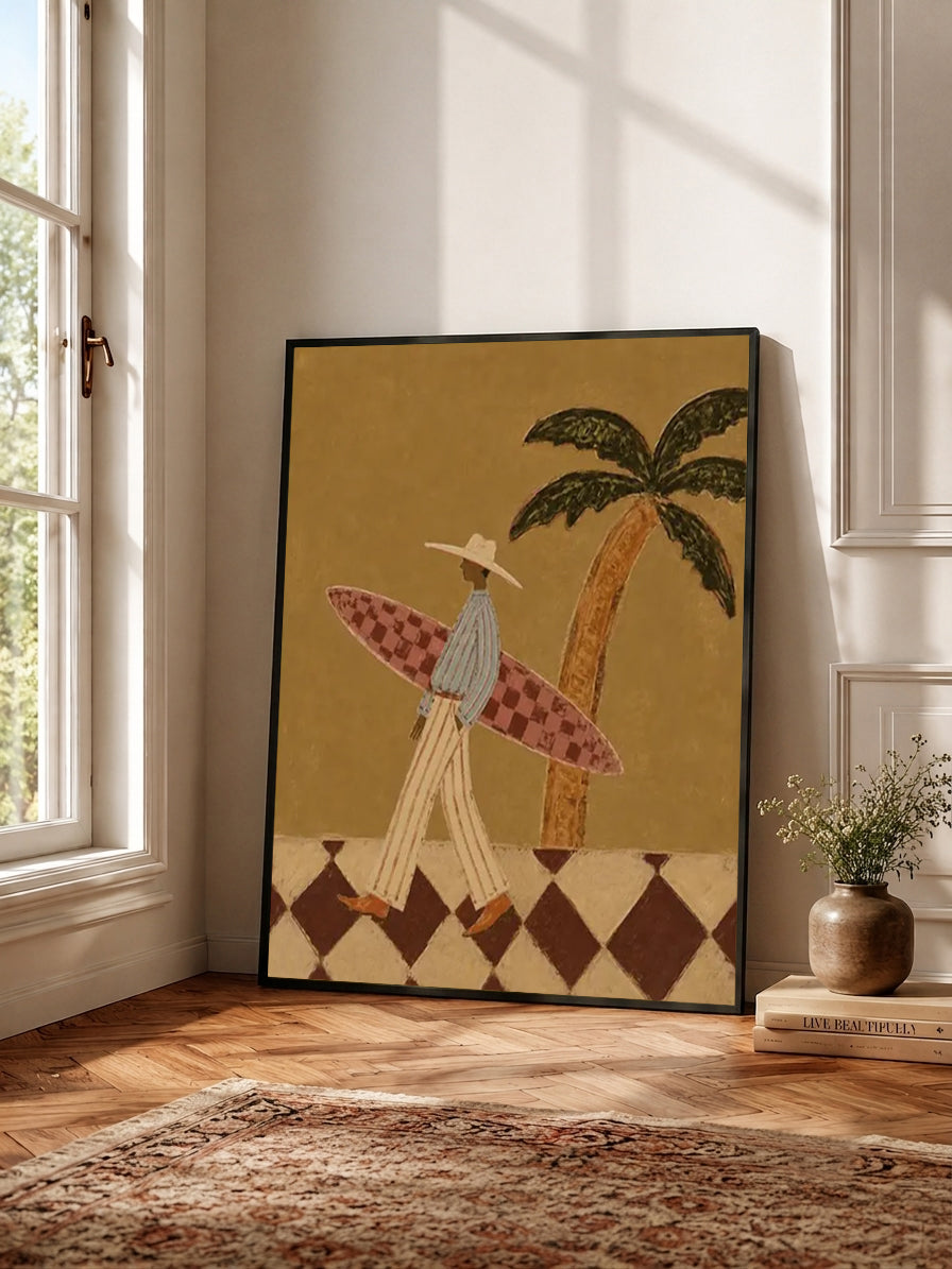 Vintage Surfer Painting With Checkerboard Board For Coastal Living Room Wall Art Decor