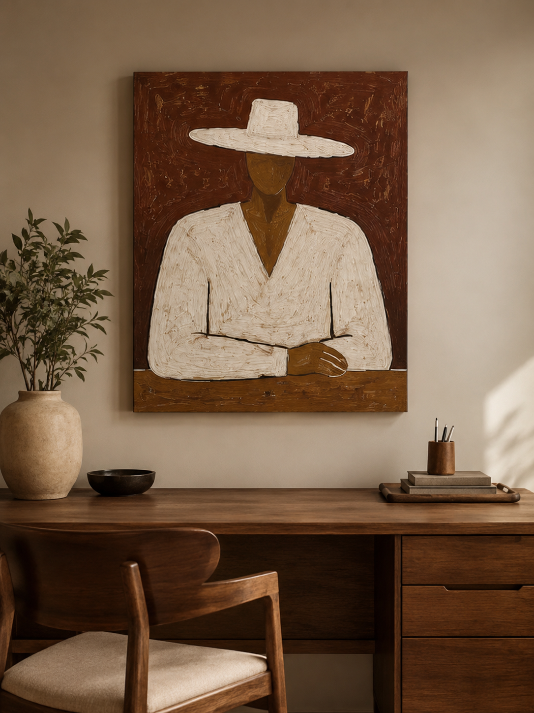 Minimalist Man In White Hat Original Oil Painting For Modern Living Room Decor