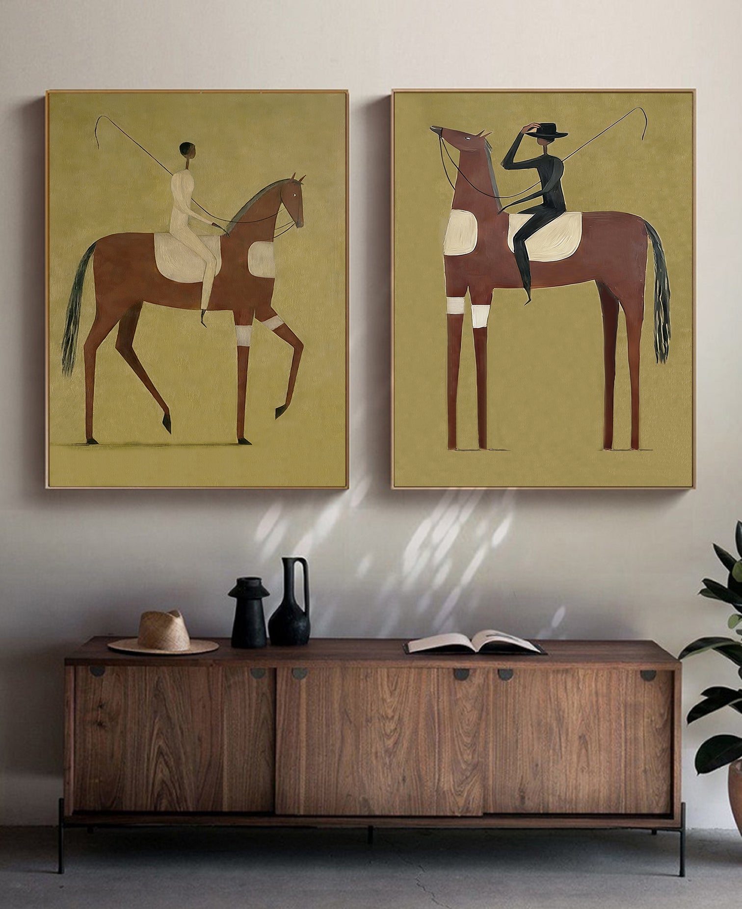 Set of 2 Equestrian Art Decor Minimalist Horse and Man Painting