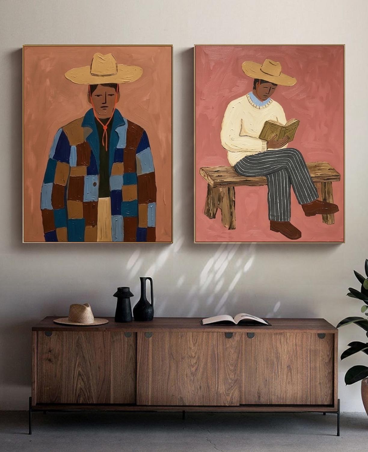Hand-Painted Folk Modernist Oil Painting - Retro Male Portrait Set - Mid-Century Rustic Wall Decor