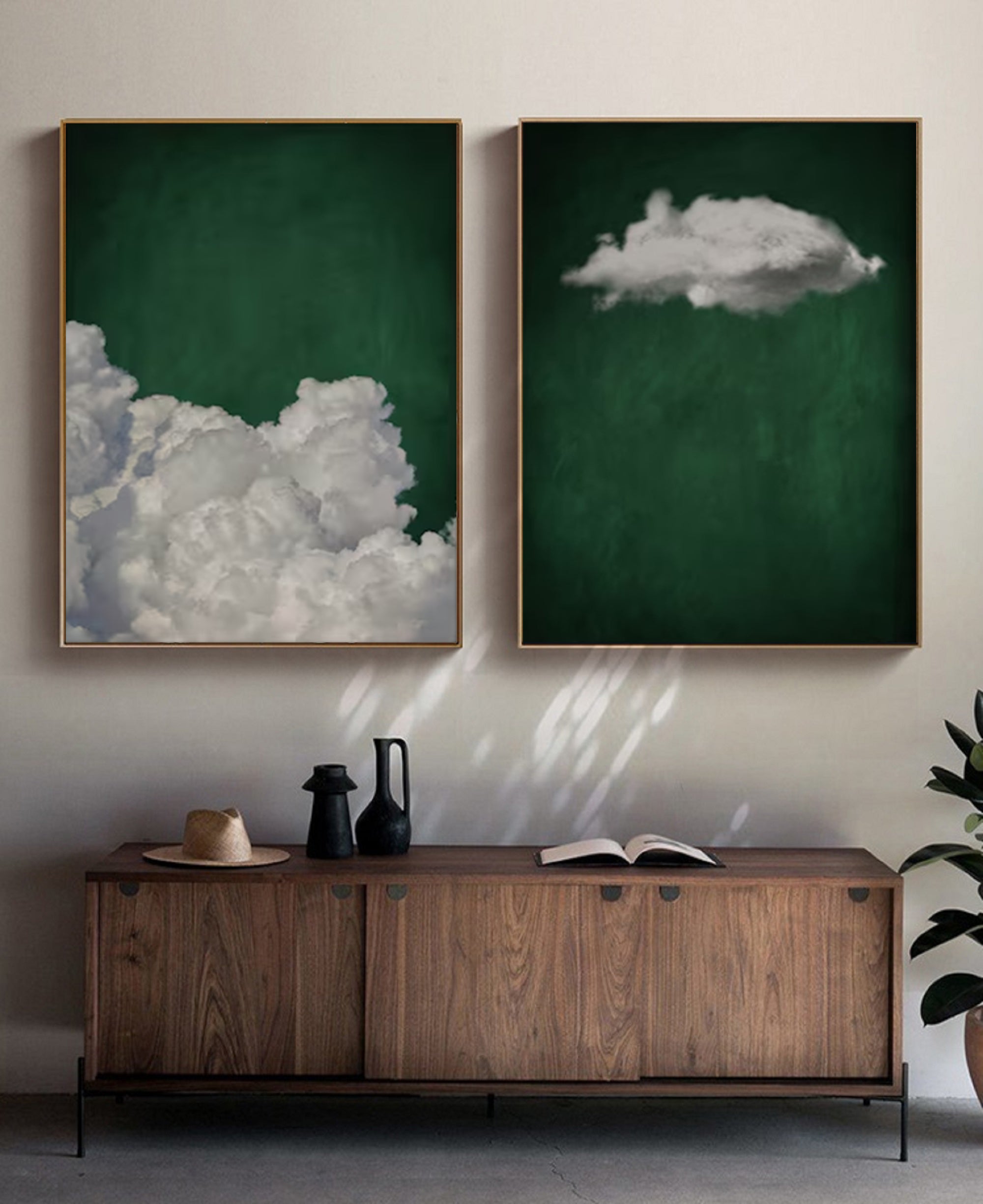 Set of 2 green art white cloud sky painting green abstract painting