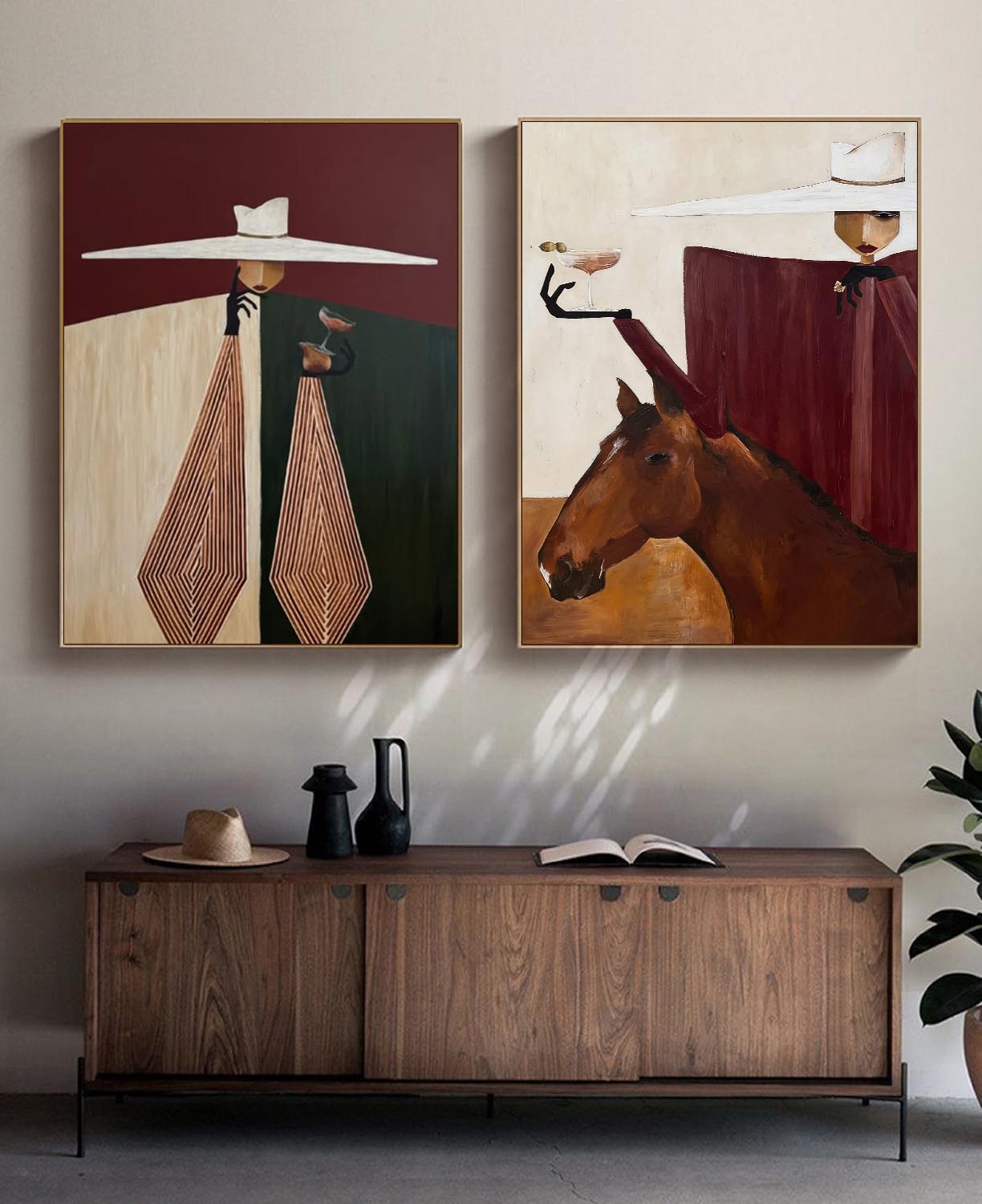 Mid-Century Modern Minimalist Figurative Oil Painting - Sophisticated Lady with Horse Canvas Wall Art