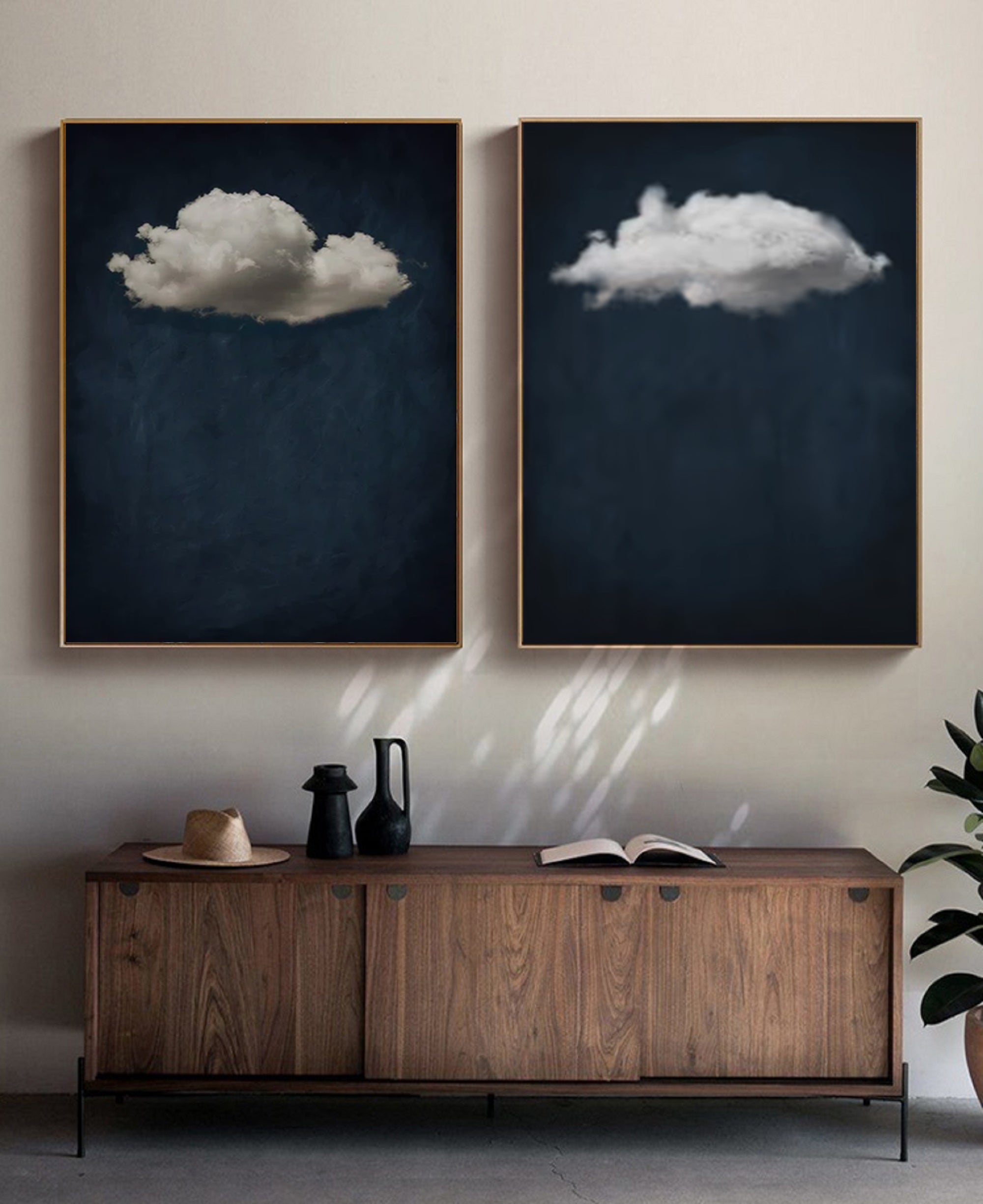 Set of 2 Blue painting white cloud sky painting Blue abstract painting