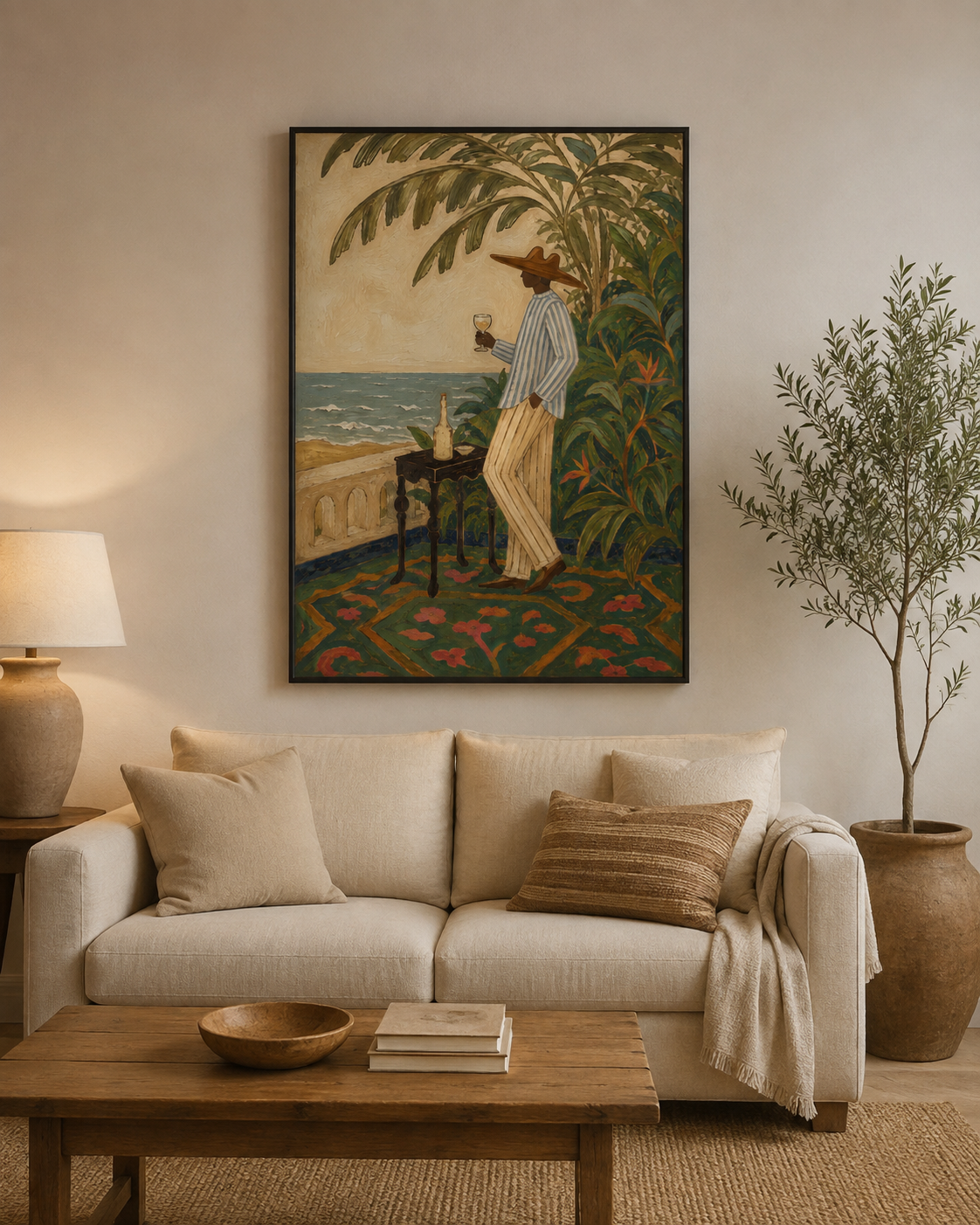 Mediterranean Wine Art Man By Sea Vintage Wall Decor For Dining Room Original Oil Painting On Linen Canvas