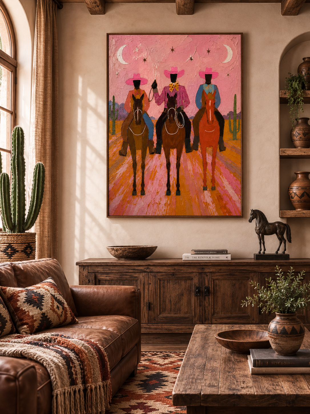 Vintage Pink Desert Cowboy Painting With Moon And Stars For Living Room Wall Decor