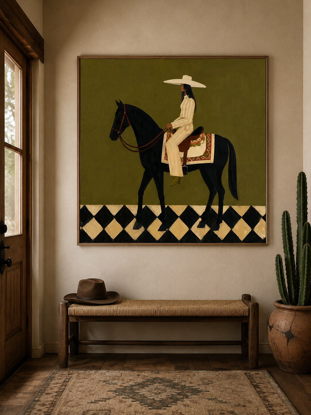 Vintage Horse And Rider Painting Sage Green Wall Art For Modern Home Decor