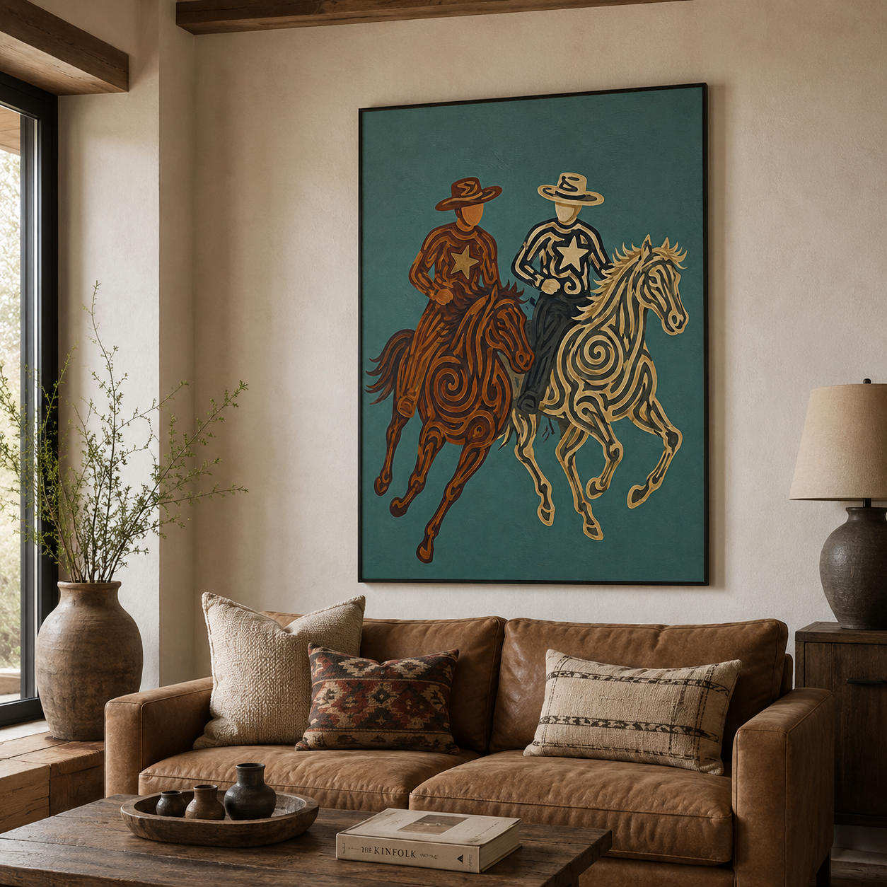 Rustic Cowboy Horse Painting, Teal Western Riders Wall Art, Southwestern Folk Decor