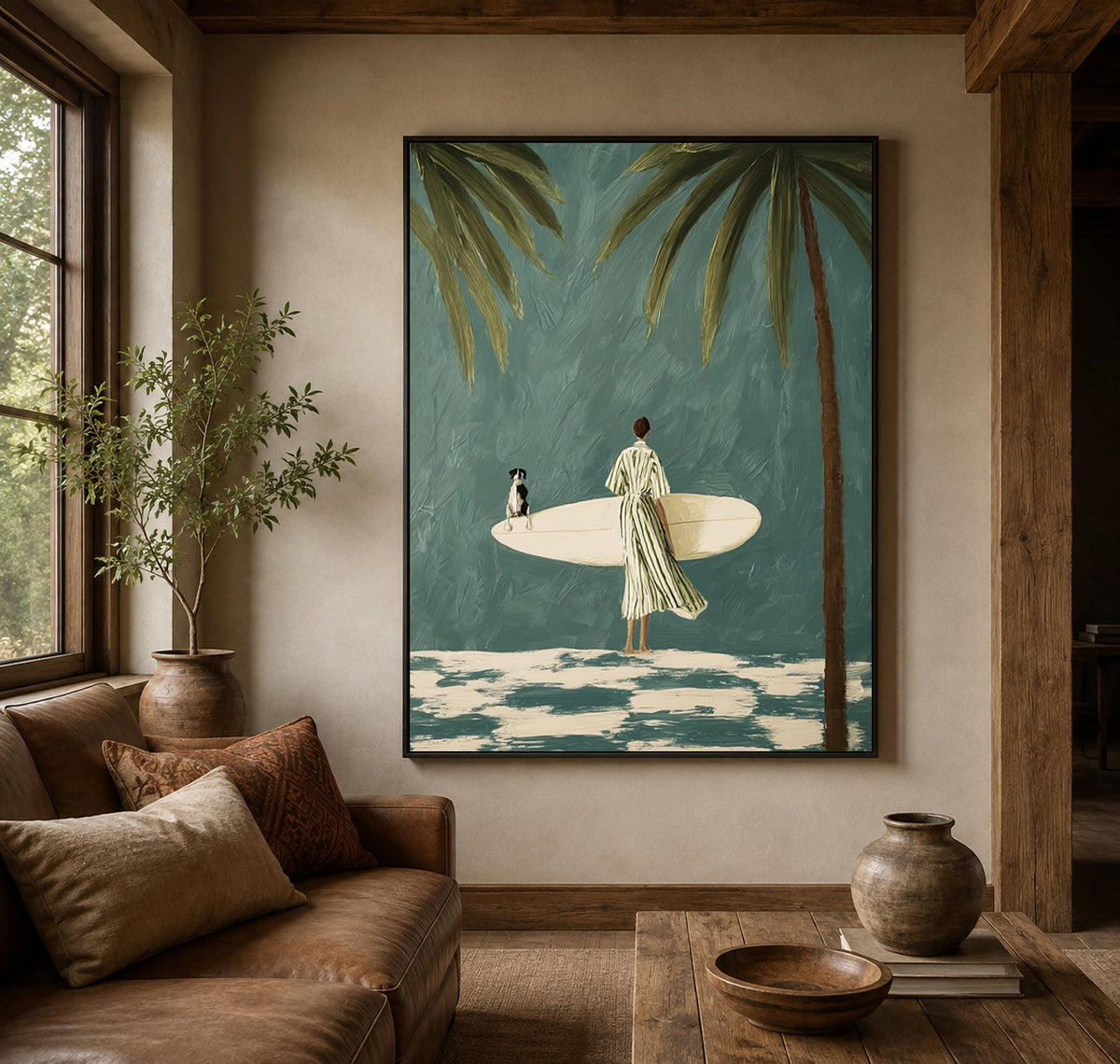 Surfer And Dog Under Palm Trees Hand-Painted Canvas Wall Art In Teal And Cream