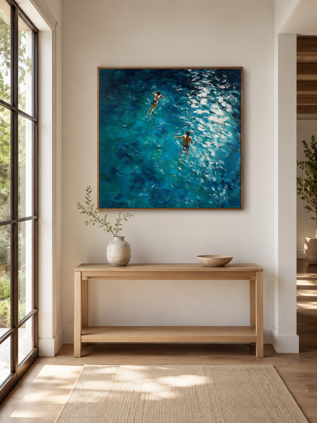 Deep Blue Ocean Swimming Oil Painting With Thick Textured Waves For Modern Home Decor