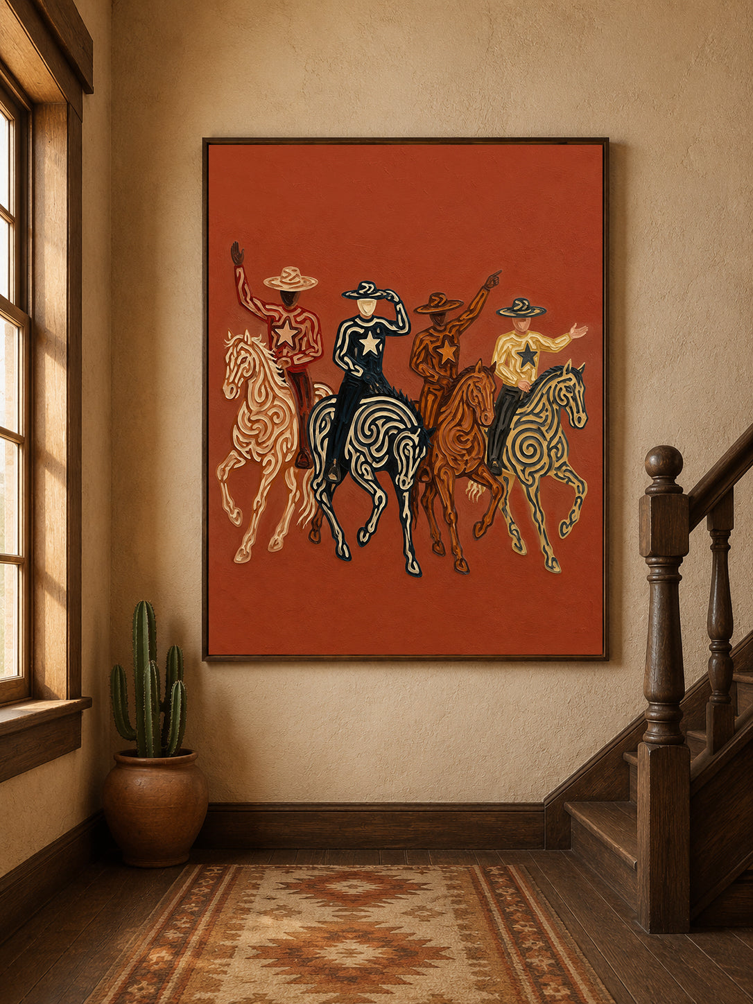 Four Cowboys Horse Painting, Colorful Western Riders, Terracotta Southwestern Wall Art