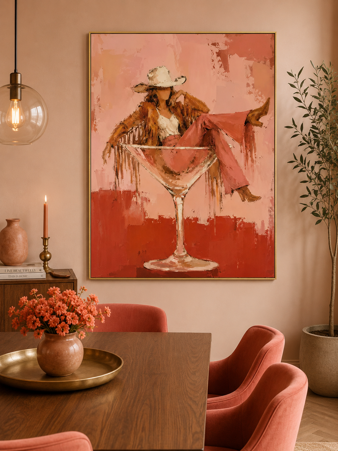 Unique Pink And Red Wall Art Modern Cowboy Theme Painting For Bedroom