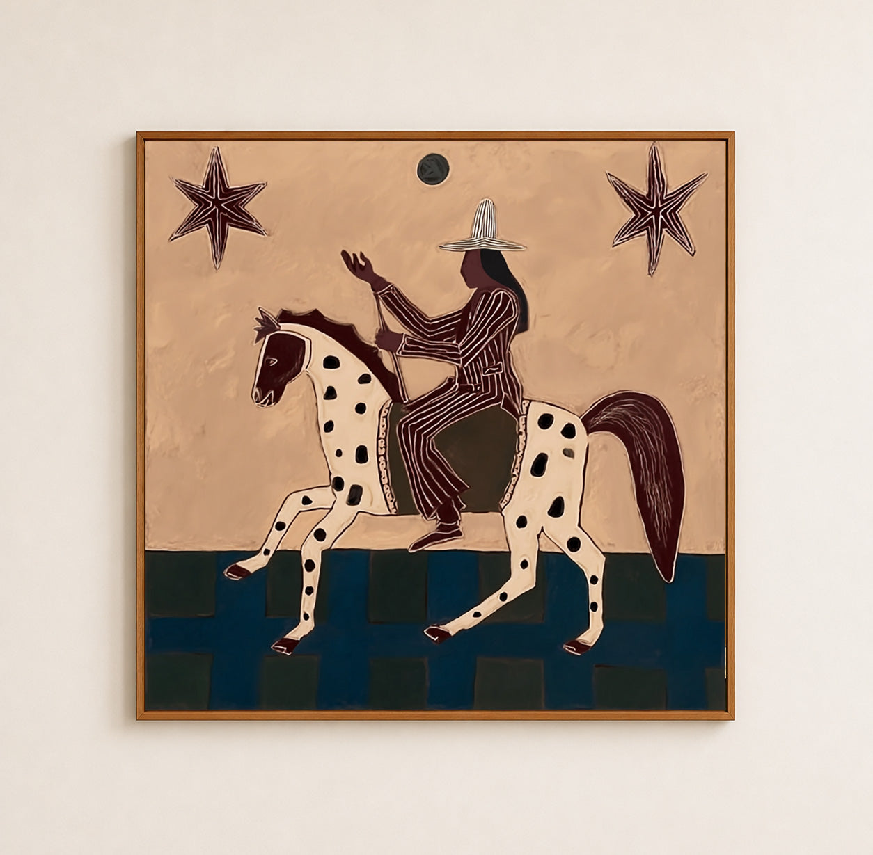 Vintage Magical Realism Folk Art Painting With Spotted Horse And Stars For Living Room Decor