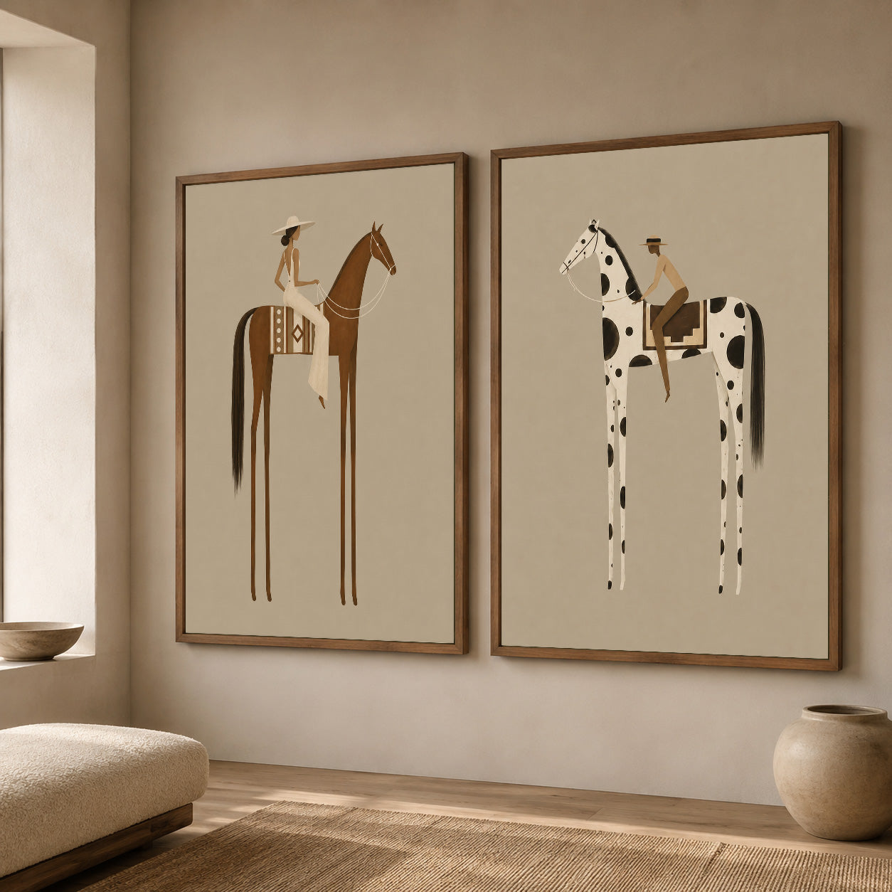 Vintage Beige Horse Painting Set Of Two For Modern Living Room Wall Decor