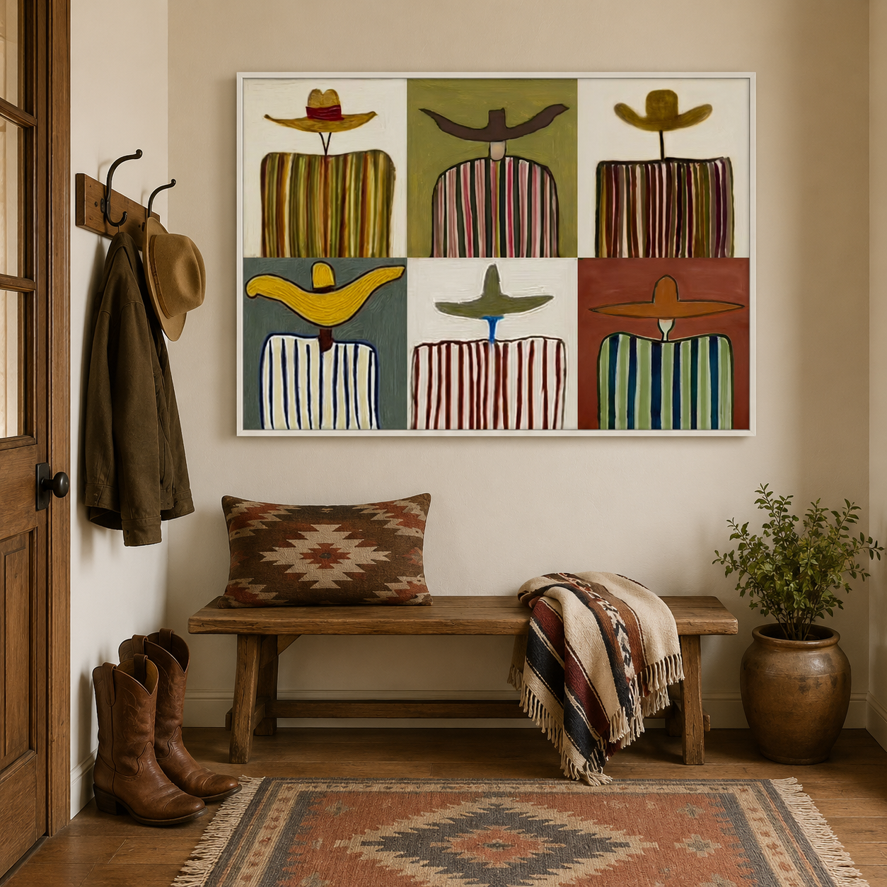 Retro Folk Art Painting With Striped Figures And Wide Brim Hats For Eclectic Home Decor