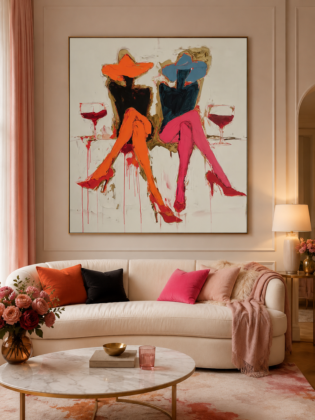 Stylish Fashion Girl Oil Painting With Orange Pink Tones For Living Room Decor