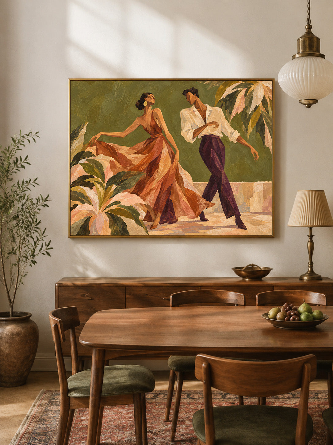 Vintage Dancing Couple Canvas Painting With Tropical Palms And Green Tones