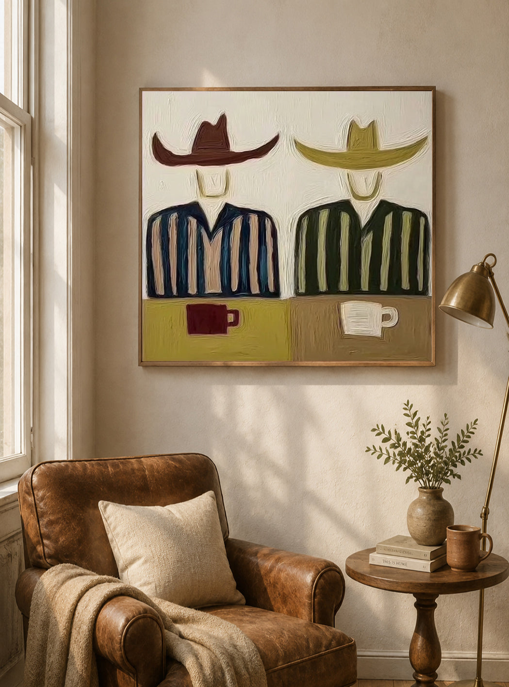 Cowboy And Coffee Minimalist Canvas Painting For Western Decor