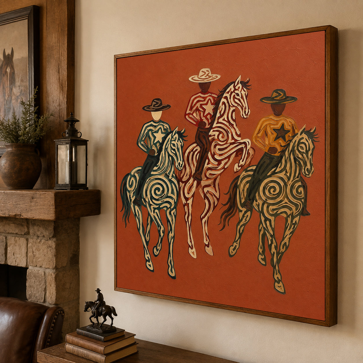 Red Western Cowboys Painting, Desert Horse Riders, Southwestern Ranch Landscape Wall Art