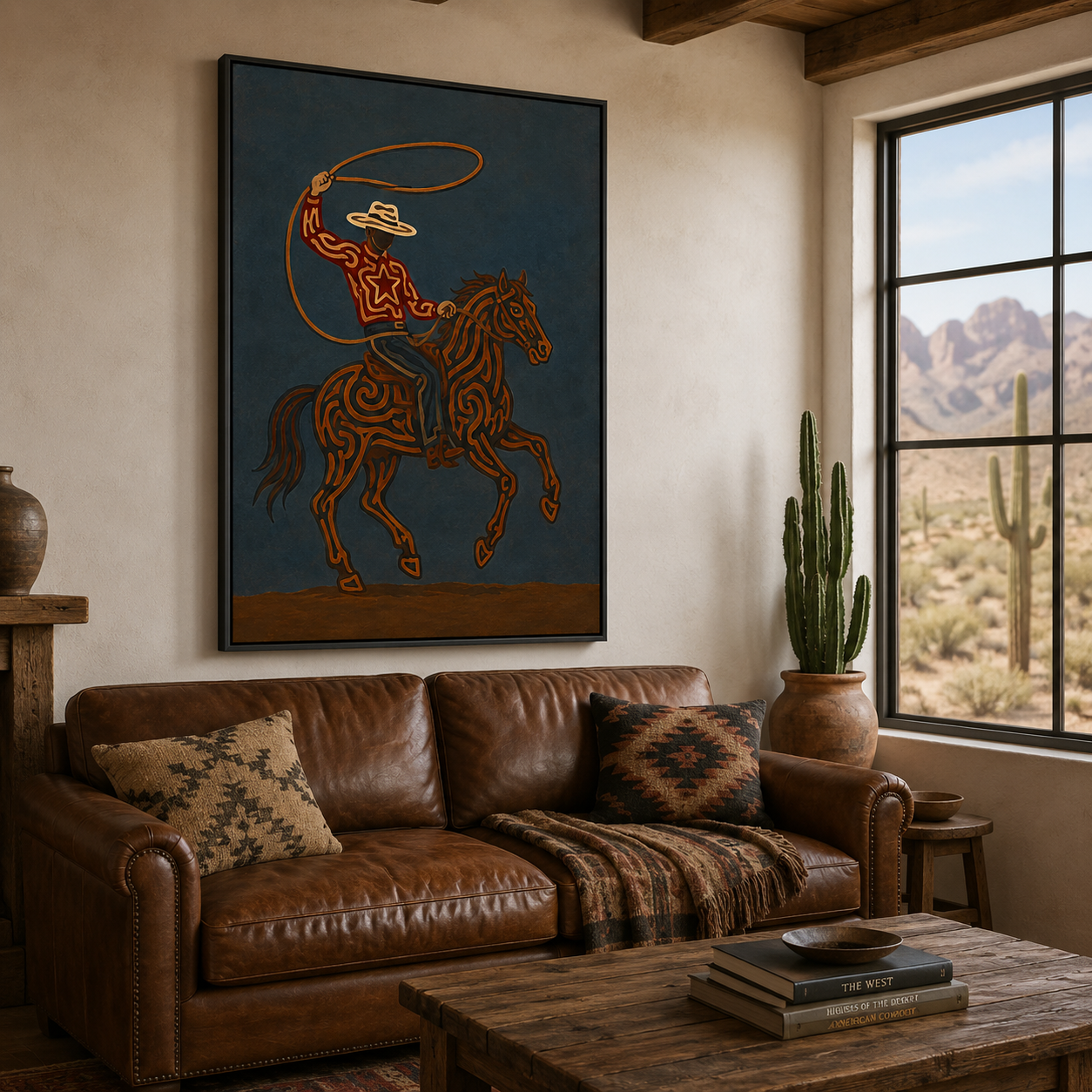 Rodeo Cowboy Lasso Painting, Texas Western Wall Art, Rustic Ranch Decor, Modern Cowboy Horse Art