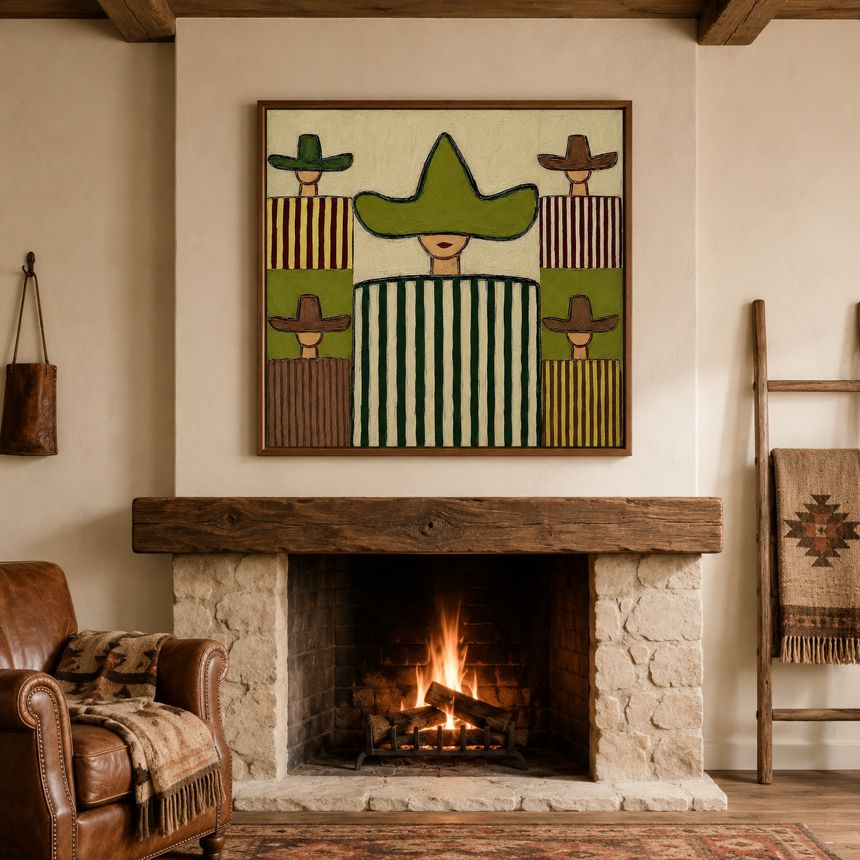 Abstract Figurative Oil Painting With Sombrero Motif In Olive Green And Brown Tones For Modern Wall Decor